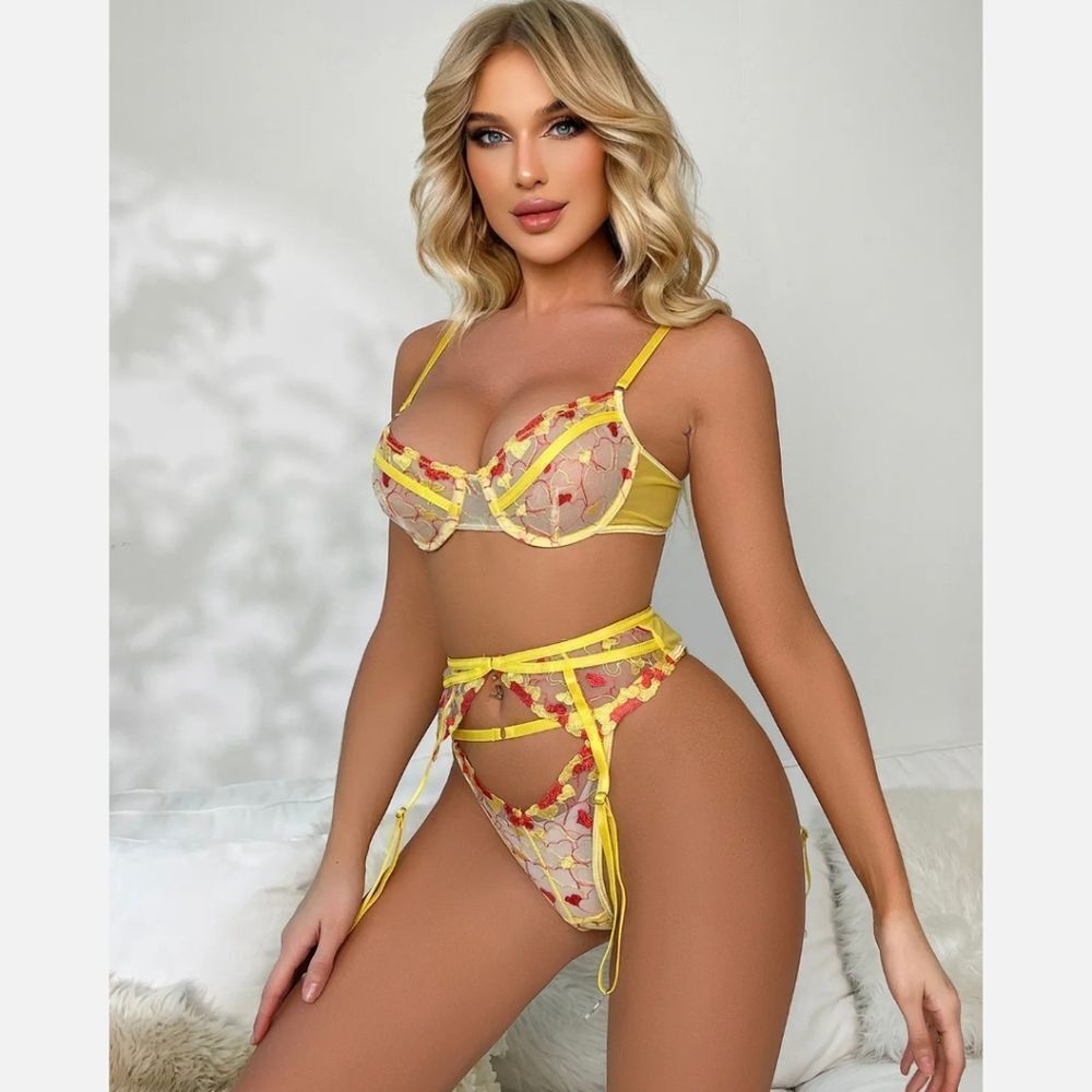 Yellow Underwear Bikini Sexy Lingerie Sling Neckline Transparent Bra Garter Set - Picture 3 of 7